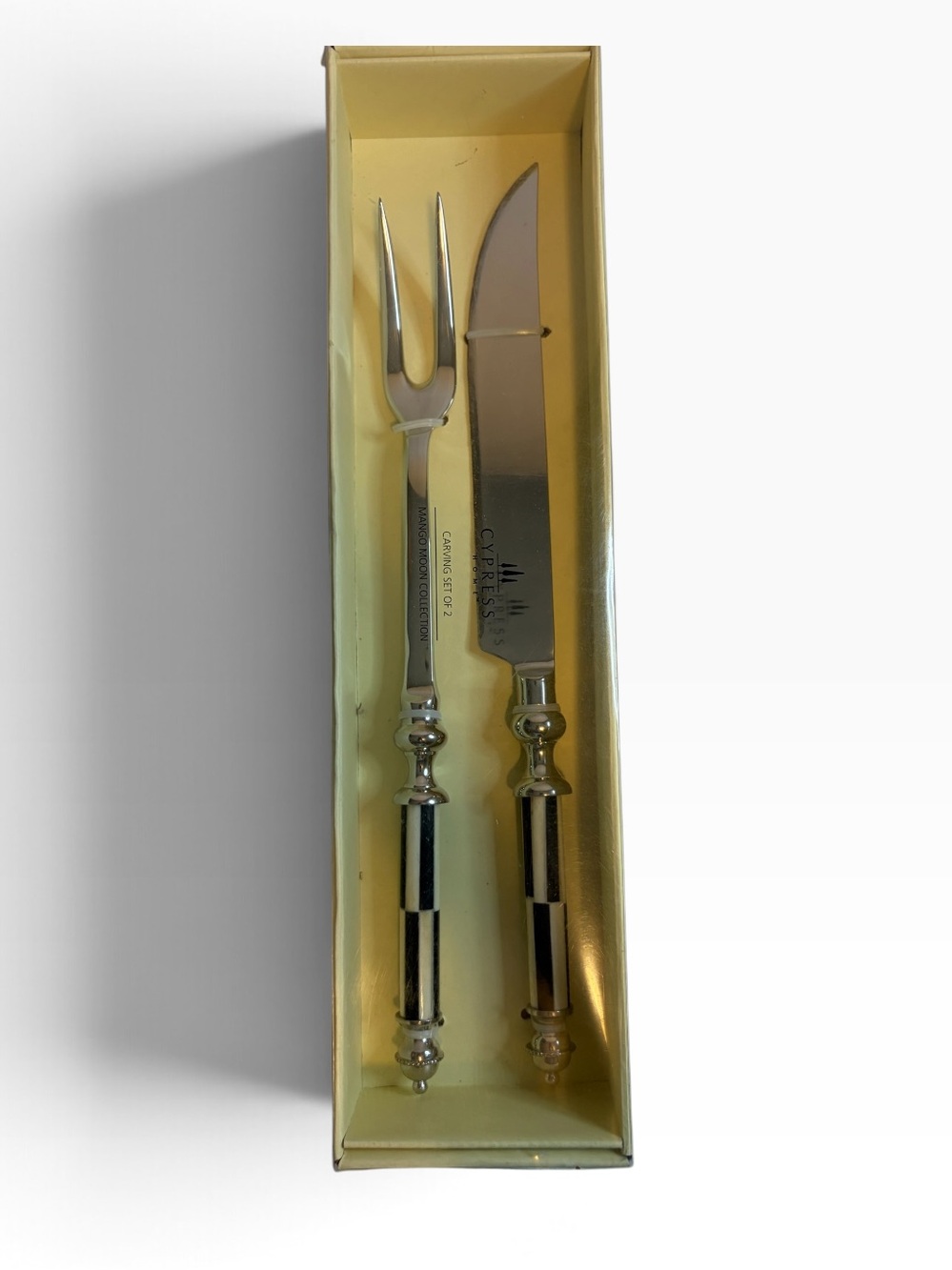 Cypress Home Mango Moon Carving Set Knife Fork Black White Handles 2 Piece